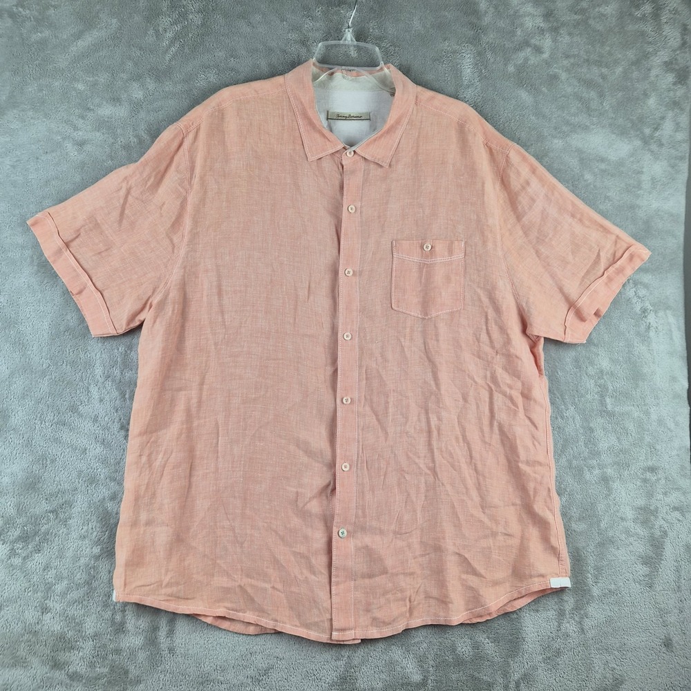 Tommy Bahama Shirt Mens XXL Pink Salmon 100% Linen Short Sleeve Tropical 2XL